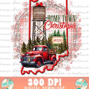 INDIANA Custom Hometown Christmas Digital Design / Water Tower Southern Christmas Vintage Truck / Sublimation dtg dtf/ Digital Download PNG