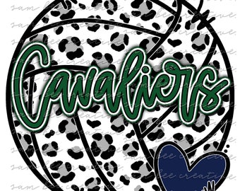 Può includere: Una pallavolo bianca con un design a stampa leopardata nero e grigio. La parola "Cavaliers" è scritta in verde sulla pallavolo. Un cuore blu si trova nell'angolo in basso a destra dell'immagine.