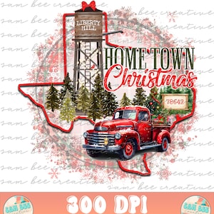 May include: A red pickup truck with a Christmas tree in the bed, driving through a snowy Texas landscape. The truck is decorated with red and white lights and a red bow. The text "HOME TOWN CHRISTMAS" is written in white letters on a red background. The text "78642" is written in white letters on a brown sign.