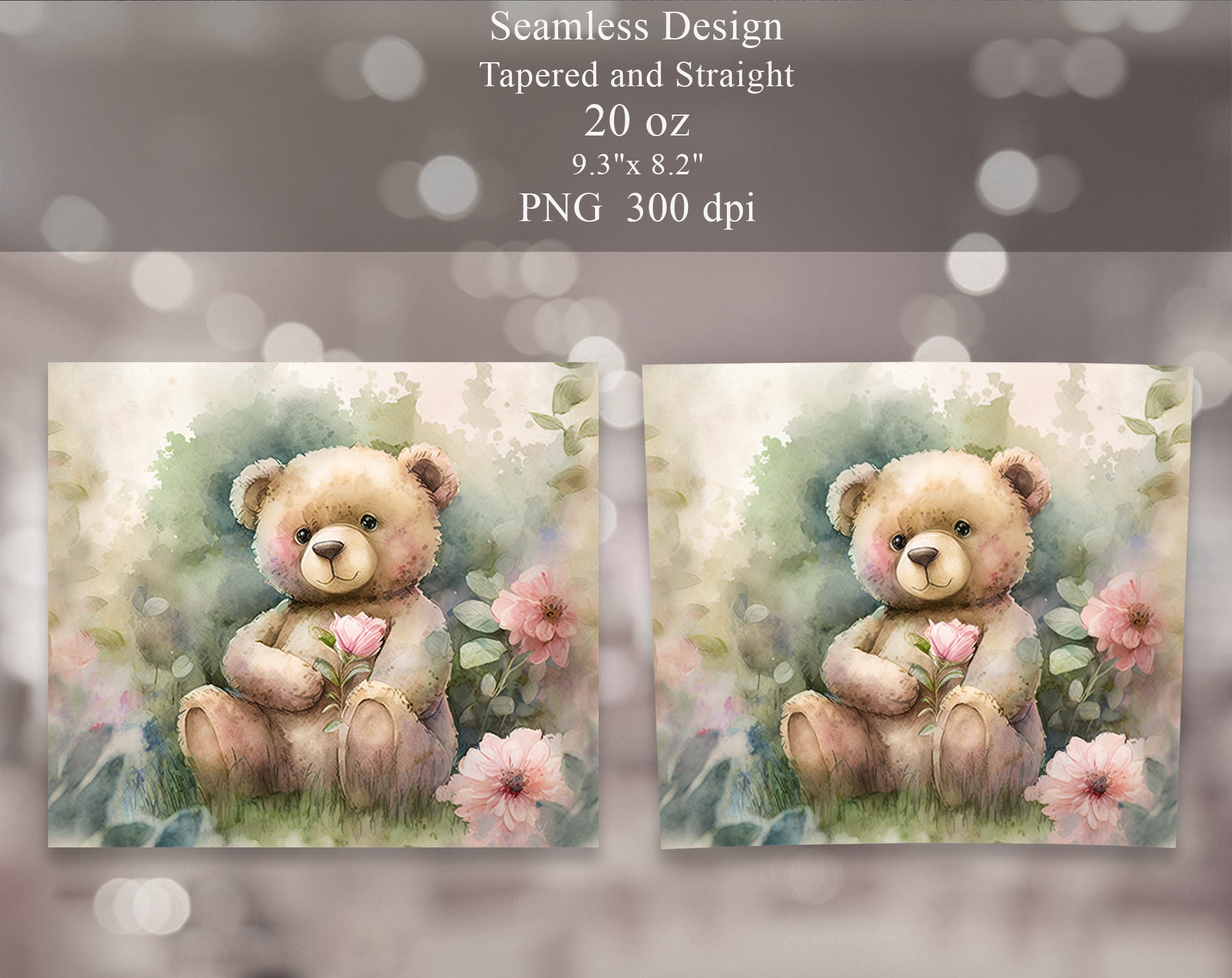 Watercolor Teddy Bear Tumbler Sublimation Wrap Seamless Straight ...