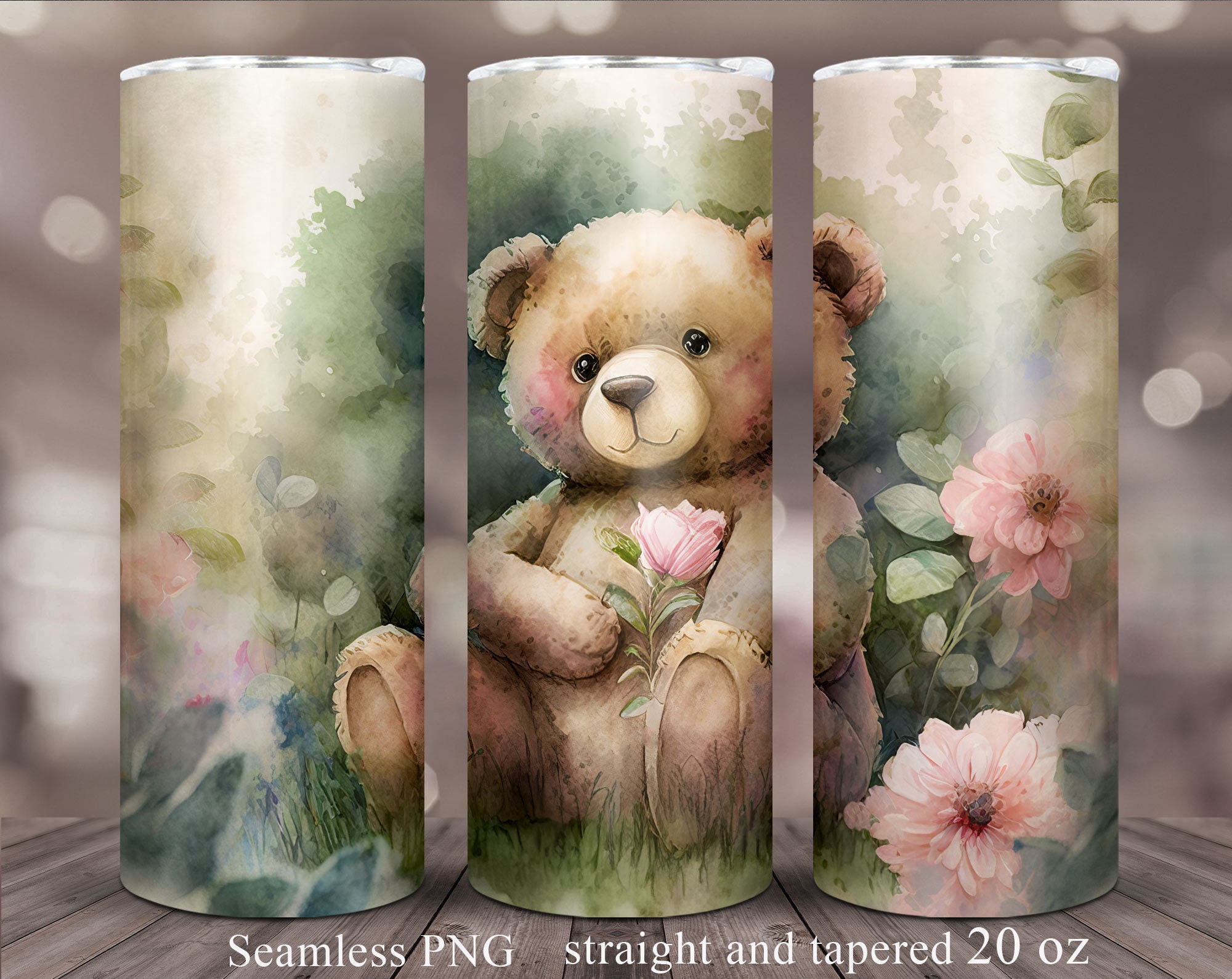 Watercolor Teddy Bear Tumbler Sublimation Wrap Seamless Straight ...
