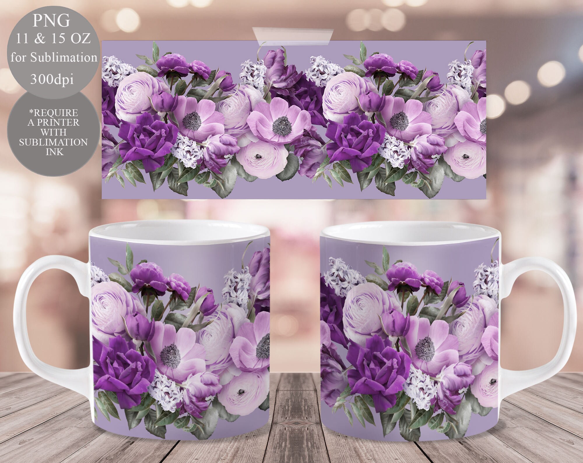 Watercolor lavender flowers. Mug sublimation wrap 11,15 oz