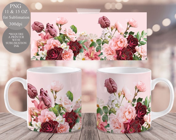 Floral Mug Sublimation Design Flowers Mug Wrap Template 11oz & 15 Oz 