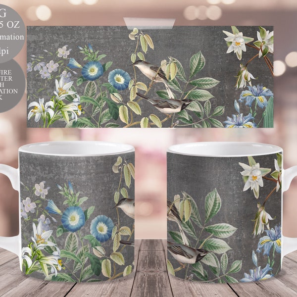 Vintage Bird and Blue Flowers Mug Wrap | Floral Sublimation Cricut Mug Press Template Design 11oz & 15 oz