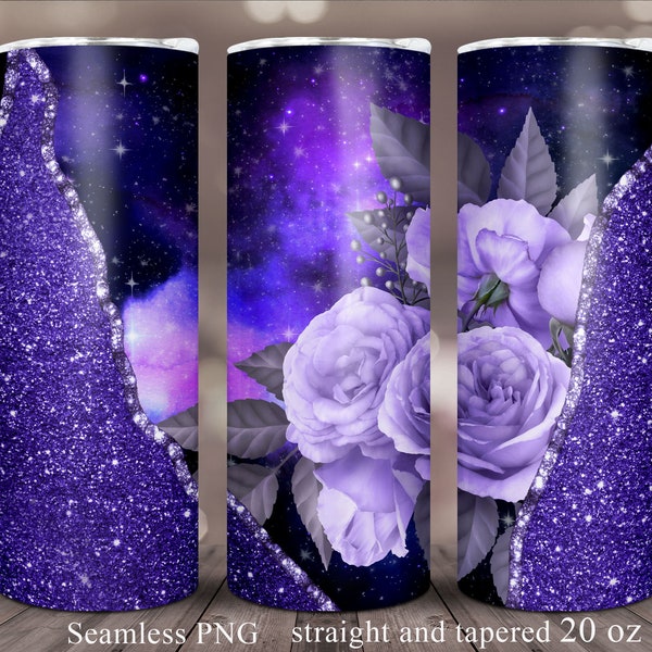 Purple Roses Tumbler Glitter Wrap Sublimation | Galaxy Tumbler Seamless PNG Template 20oz