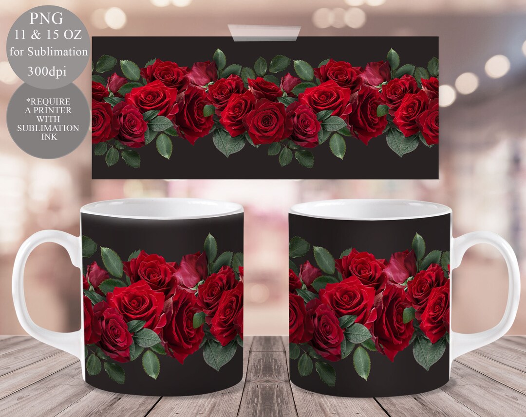 Red Roses Mug Wrap Template PNG Floral Mug Sublimation Design 11oz & 15
