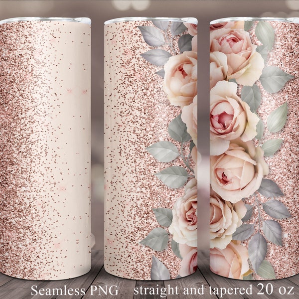 Glitter Roses Seamless Tumbler Wrap Sublimation | Add Your Text Pink Flowers Tumbler PNG Template 20oz