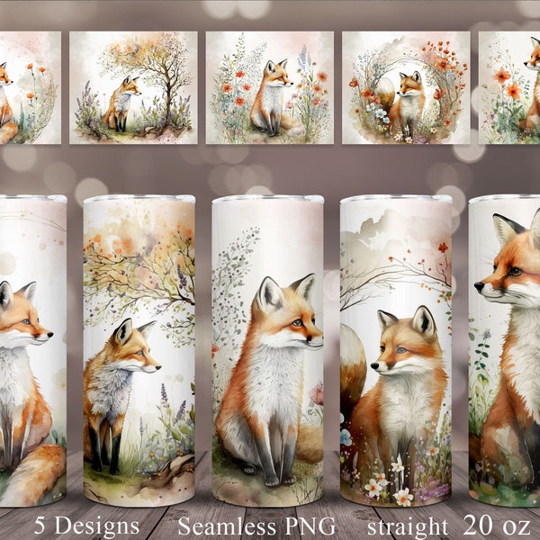 Fox Tumbler Sublimation Wrap Bundle | Watercolor Seamless Straight Template PNG 20 oz