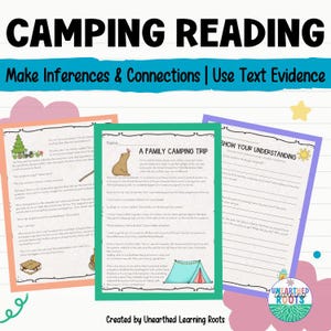 Puede incluir: Hojas de trabajo educativas con el título "CAMPING READING" y el texto "Make Inferences & Connections | Use Text Evidence." Las hojas de trabajo presentan ilustraciones de un oso, una tienda de campaña y un árbol. El texto "A FAMILY CAMPING TRIP" es visible.