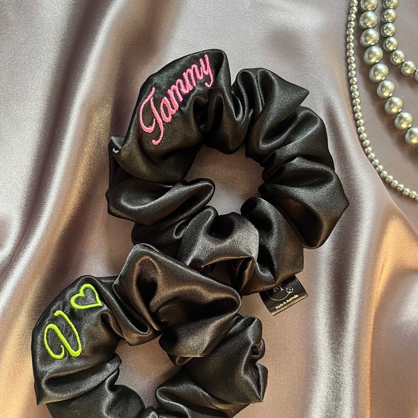 Embroidered Silk Satin Scrunchies - name, letters, word, numbers, monogram, initials, date - assorted colours