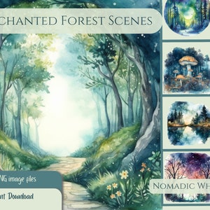 Enchanted Forest Watercolor Scenes: Mystical Woodland Illustration, Fantasy, Fairytale Background, Forest Scene Graphic, Whimsical Landscape