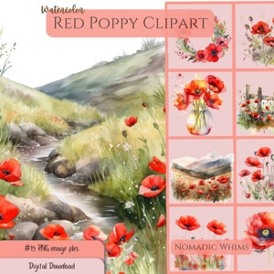 Pacote de clipart floral papoula 15vRed: flores em aquarela, PNGs para beleza de flores de nascimento, guirlandas e vasos florais, clipart elegante, cenas de clipart