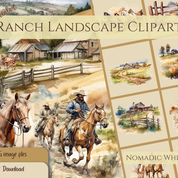 Watercolor Ranch landscape-clipart, Cowboy Clipart, Mustang art, western clip art, PNG Format, Instant Digital Download for commercial use