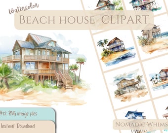 Watercolor Beach House Clipart, 300DPI, Commercial Use, Ocean seascape cottage, Digital download, ocean villa, Coastal Vibes