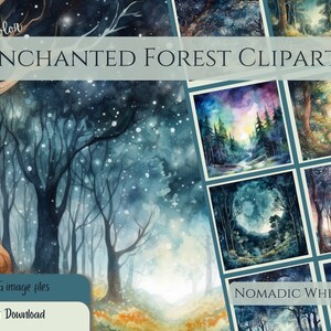 Enchanted Forest Clipart Bundle - 10 betoverende nachtlandschappen met lichtgevende sterren, nachtelijke hemel PNG, fantasiesublimatie