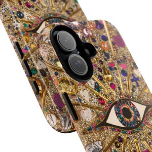 Bling Glam Look Mosaic Phone Case Collage case Gold Purple Gems Rhinestones Look Evil Eye for iPhone 18 17 16 15 Galaxy S26 S25 S24 Coquette image 6