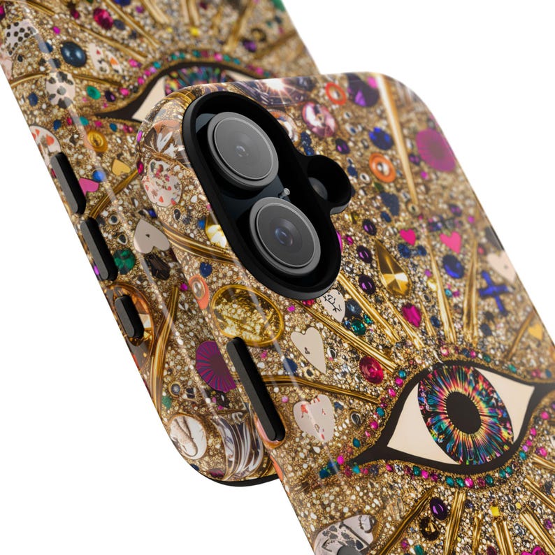 Bling Glam Look Mosaic Phone Case Collage case Gold Purple Gems Rhinestones Look Evil Eye for iPhone 18 17 16 15 Galaxy S26 S25 S24 Coquette image 6