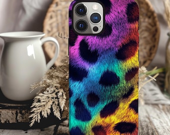 Rainbow Leopard Print Tough Phone Case For iPhone 16 15 14 13 XR XS Max 12 Mini Pro SE  Samsung Galaxy S25 S24 S23 S22 Plus Ultra Fur Case