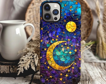 May include: A phone case with a stained glass design featuring a crescent moon, a full moon, and stars on a purple and blue background.