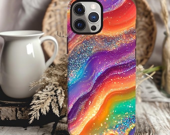 Rainbow Geode Marble Phone Case, Rainbow Glitter Tough Case, Protective Cover for iPhone 16 15 14 13 12 Samsung Galaxy S25 S24 S23 S22 Ultra