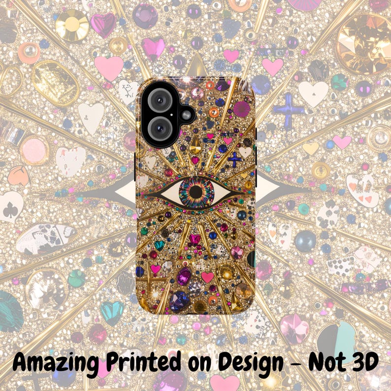 May include: A gold, black, and multi-colored phone case with a large eye design and glitter accents. The case is designed for a phone with a dual camera lens.