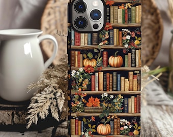 Bookish Fall Bookshelf Phone Case, Cute Autumn Library Bookcase, iPhone 15 14 13 12 11 Pro Max 8 Plus X, Samsung Galaxy S23 S22 S20 Ultra