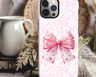 Pink Lace Coquette Phone Case, Bow Phone Case Girly Aesthetic, iPhone 16 15 14 13 12 11 Pro Max 8 Plus X Samsung Galaxy S24 S23 Ultra