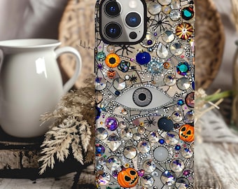 Mosaic Bling Halloween Case Skulls Pumpkins and Spiders Collage for iPhone 16 15 14 13 Galaxy S24 S23 S22 Pixel 8 Glamorous Halloween Vibe