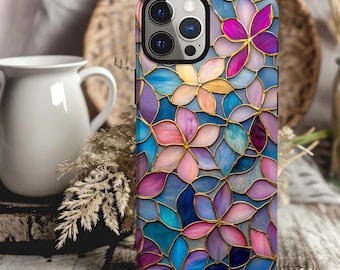Stained Glass Floral Phone Case 3D Art Look Case iPhone 15 14 13 12 11 pro max, Samsung Galaxy S22 S23 S24 Ultra Google Pixel 6 7 8 pro