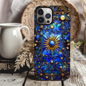 Celestial Stained Glass Print Moon & Stars Phone Case, Faux Stain Glass Starry Night Sky Design Phone Cover, iPhone 15, Pixel 8, Samsung S24