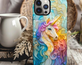 May include: A colorful phone case with a stained glass design featuring a unicorn with a rainbow mane and tail.