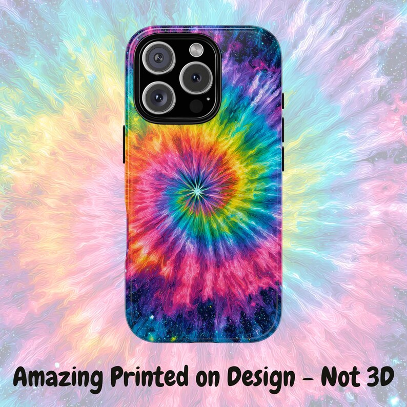 May include: A smartphone case with a vibrant tie-dye design in a spiral pattern of rainbow colors. The case has a black frame and the text "Amazing Printed on Design - Not 3D" at the bottom.