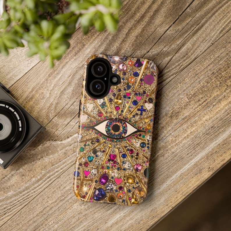 Bling Glam Look Mosaic Phone Case Collage case Gold Purple Gems Rhinestones Look Evil Eye for iPhone 18 17 16 15 Galaxy S26 S25 S24 Coquette image 2