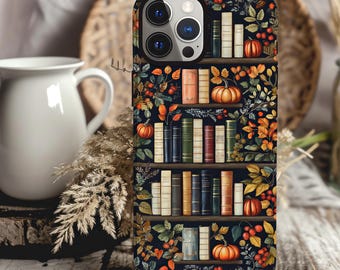 Bookish Fall Bookshelf Phone Case, Cute Autumn Library Bookcase, iPhone 15 14 13 12 11 Pro Max 8 Plus X, Samsung Galaxy S23 S22 S20 Ultra