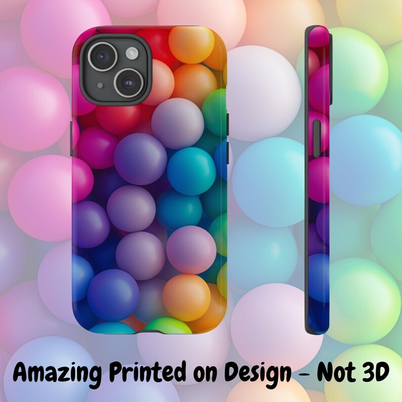 May include: A phone case with a colorful design of many round balls in shades of blue, green, red, orange, yellow, and purple. The case is made for a smartphone with a camera lens cutout.