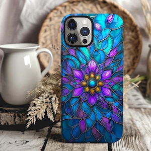 Stained Glass Floral Phone Case 3D Art Look Case iPhone 15 14 13 12 11 pro max, Samsung Galaxy S22 S23 S24 Ultra Google Pixel 6 7 8 pro
