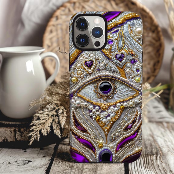 Bling Glam Look Mosaic Phone Case, Collage Phone Case Silver, Gold, Purple Gems, Evil Eye for iPhone 17 16 15 14 13, Galaxy S25 S24 S23 S22
