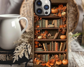 Bookish Fall Bookshelf Phone Case, Cute Autumn Library Bookcase, iPhone 15 14 13 12 11 Pro Max 8 Plus X, Samsung Galaxy S23 S22 S20 Ultra
