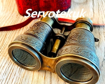 Engraved Solid Brass Opera Glasses: Handmade Binoculars with Leather Case