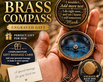 Personalised Brass Compass Gift for Him, Custom Engraved Compass With Case , Vintage Nautical Pocket Compass, Anniversary Birthday Gift .