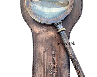 Victorian Engraved Handle Brass Magnifying glass with leather cover glass collectible magnifier\gift for teacher\birthday gift