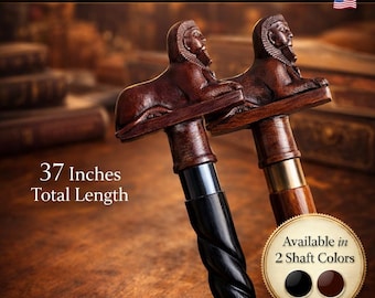 May include: Two brown walking canes with sphinx head handles. The canes are 37 inches in total length and available in two shaft colors: black and brown. The text "NO CUSTOM DUTY TO USA BUYER" is at the top.
