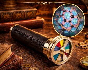 Handmade Brass Double Wheel Kaleidoscope – Leather Vintage Optical Toy Gift , Steampunk Desk Decor