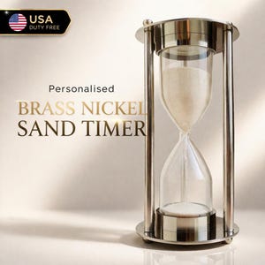 Personalised Brass Nickel Sand Timer 5 Minute Hourglass, Handmade Desk Decor, Vintage Office Gift for Men, Luxury Sand Clock