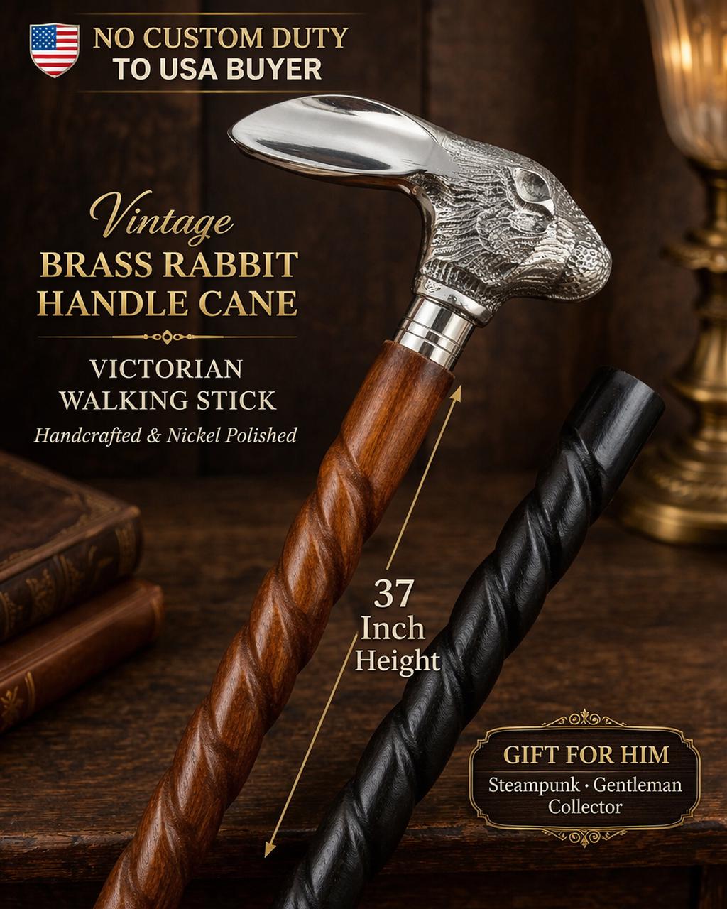 Brass Rabbit Handle Walking Stick Cane – Vintage Victorian Gentleman ...