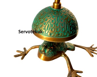 Frog Brass Desk Bell: Green Patina Antique Style Service Bell