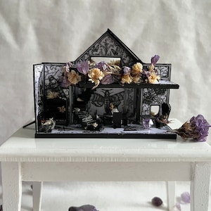 Haunted Miniature Gothic fairies’ dwelling | Death Head Moth Design | Halloween Spooky Witchy House with Dried Flowers | Handdrawn