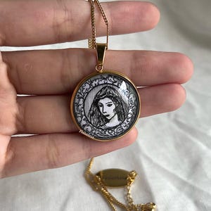 Virgin Goddess of the Hearth and the Home | Hestia Inspired Hand-drawn Pendant Devotional Stainless steel Gold Necklace | Greek Mythology