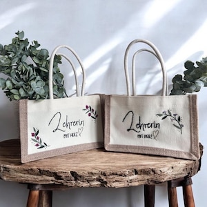 Lehrerin mit Herz, Geschenk für Lehrerin, bestickte Handtasche, Jutetasche, florale bestickte Tasche, Lieblingslehrerin ,Ostergeschenk, Jute