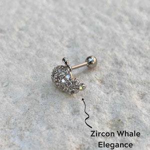 Elegant Whale Shaped Tragus Stud - Tiny Threadless Silver Flat Back Earring, Conch, Helix, & Cartilage Piercing, CZ Stud, Minimalist Style